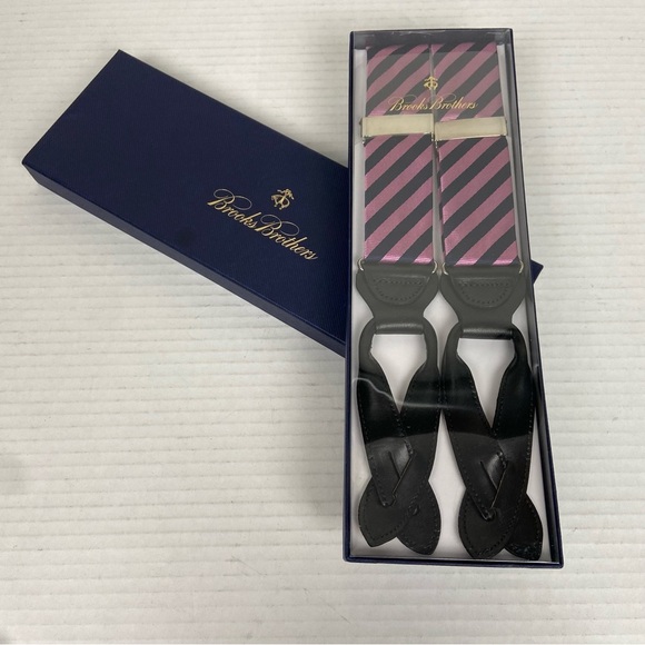 NEW Brooks Brothers Suspenders Braces Navy/Pink Stripe Adjustable Y Back Leather - Picture 1 of 10